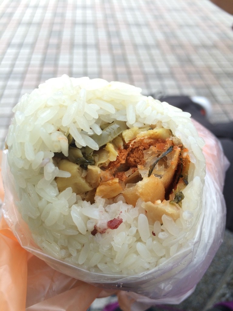 Sticky rice roll with preserved vegetables, pork floss and Chinese doughnut (30 NT = $1.20)