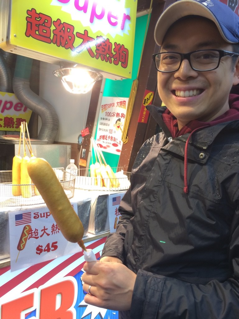 Yes, we got a corn dog from the Taiwanese night market. It was actually really good... (45 NT = $1.80 CAD)