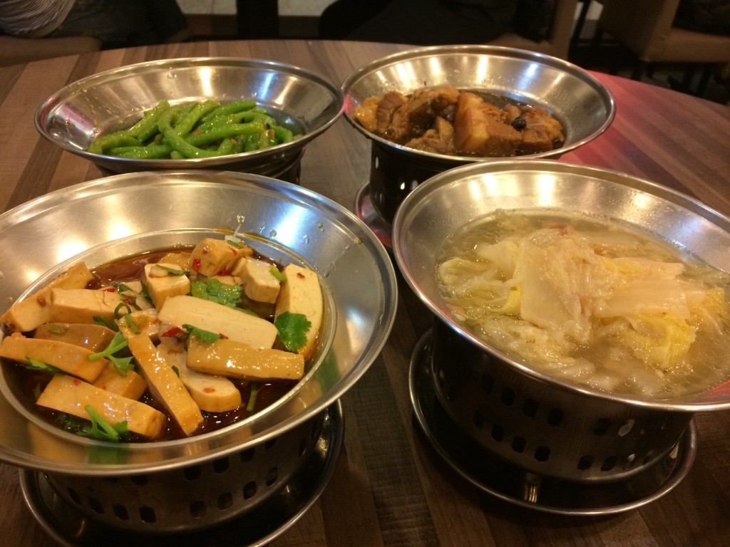 We picked green beans, spicy bean curd, pork belly stew, cabbage, steamed fish (forgot to take a picture of it after), and sweet potato congee 