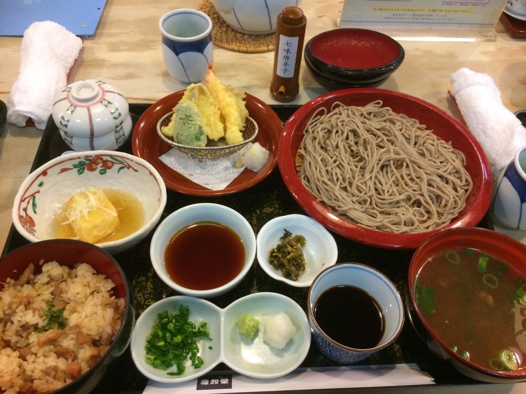 My soba lunch set: steamed egg custard, tempura, zaru soba, agedashi tofu, rice with stewed pork, and a soup with sliced pork (1,400 JPY = $16.90 CAD)