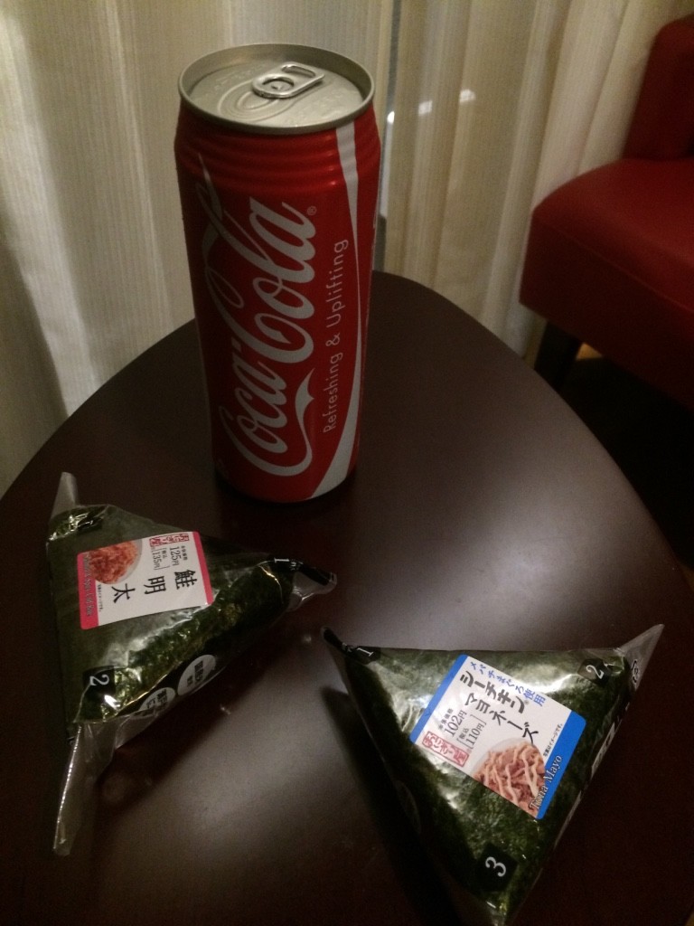 Our two onigiris and Coke from Lawson's (349 JPY = $4.20 CAD)