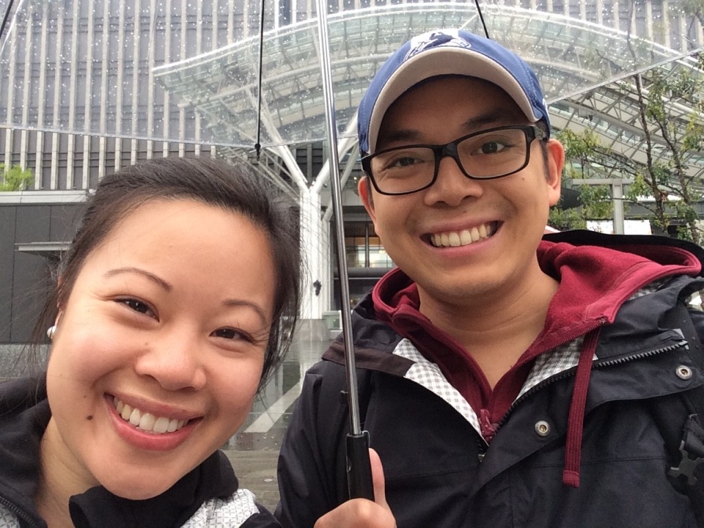 Us outside Hakata Station with our cool clear umbrella. Now we look like locals (not...)