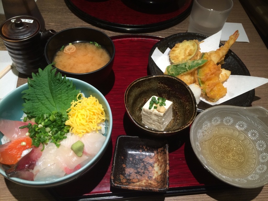 My set: miso soup, assorted tempura, bowl of rice with a few pieces of sashimi and tofu. 1,200 JPY = $14 CAD