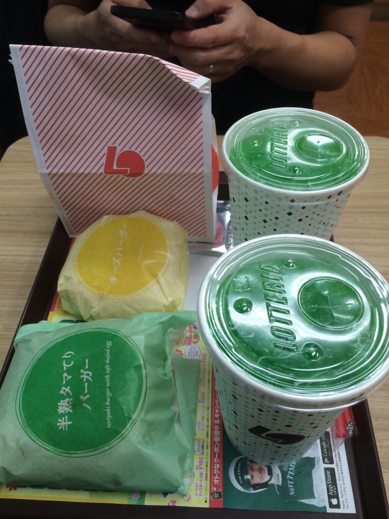 Teriyaki beef burger with an egg combo (790 JPY =$9.50 CAD) and a cheeseburger combo (610 JPY =$7.30 CAD) both melon sodas. 