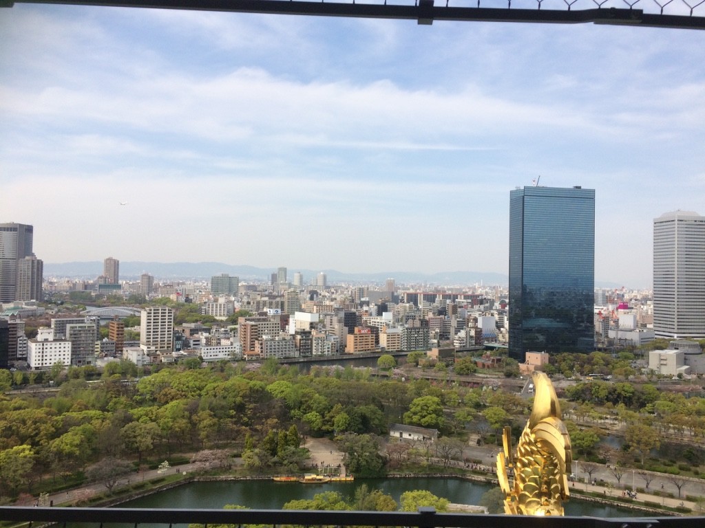 View from the top of Osaka Castle. There's meshing around the whole top. 