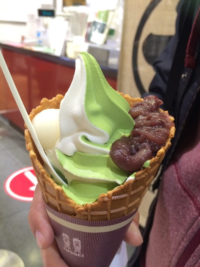 Our delicious twist cone with red bean and mochi. You could get a chocolate/green tea twist or just all green tea. 390 JPY = $4.55 CAD