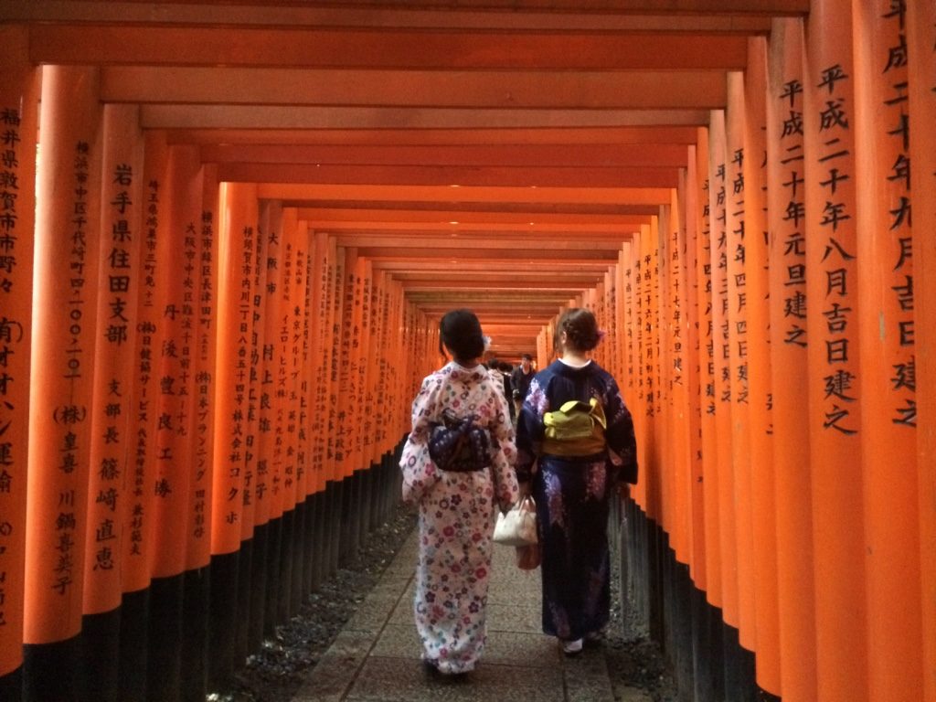 There are a lot of people dressed up in kimonos in Kyoto. Many are SE Asian tourists who rent kimonos for the day.