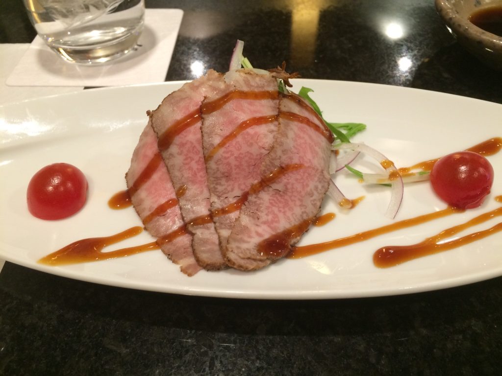 We added an appetizer of roasted Kobe beef. This was served cold with some greens underneath. 800 JPY = $9.50 CAD