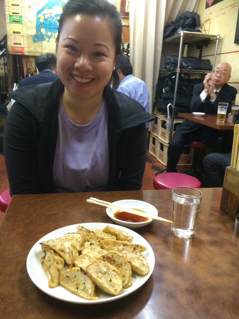 Gyozas at Hyotan. 7 per order for 370 JPY = $4.35 CAD. Minimum one order per person