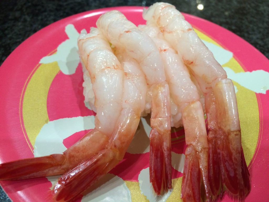 Amaebi (raw prawns), they put three prawns on each piece of rice. 