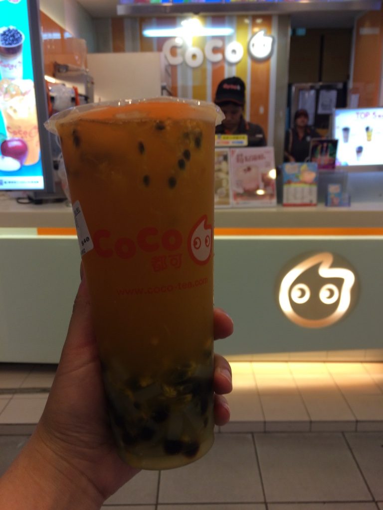 Passionfruit tea with pearls and coconut jelly 40 NT = $1.58 CAD