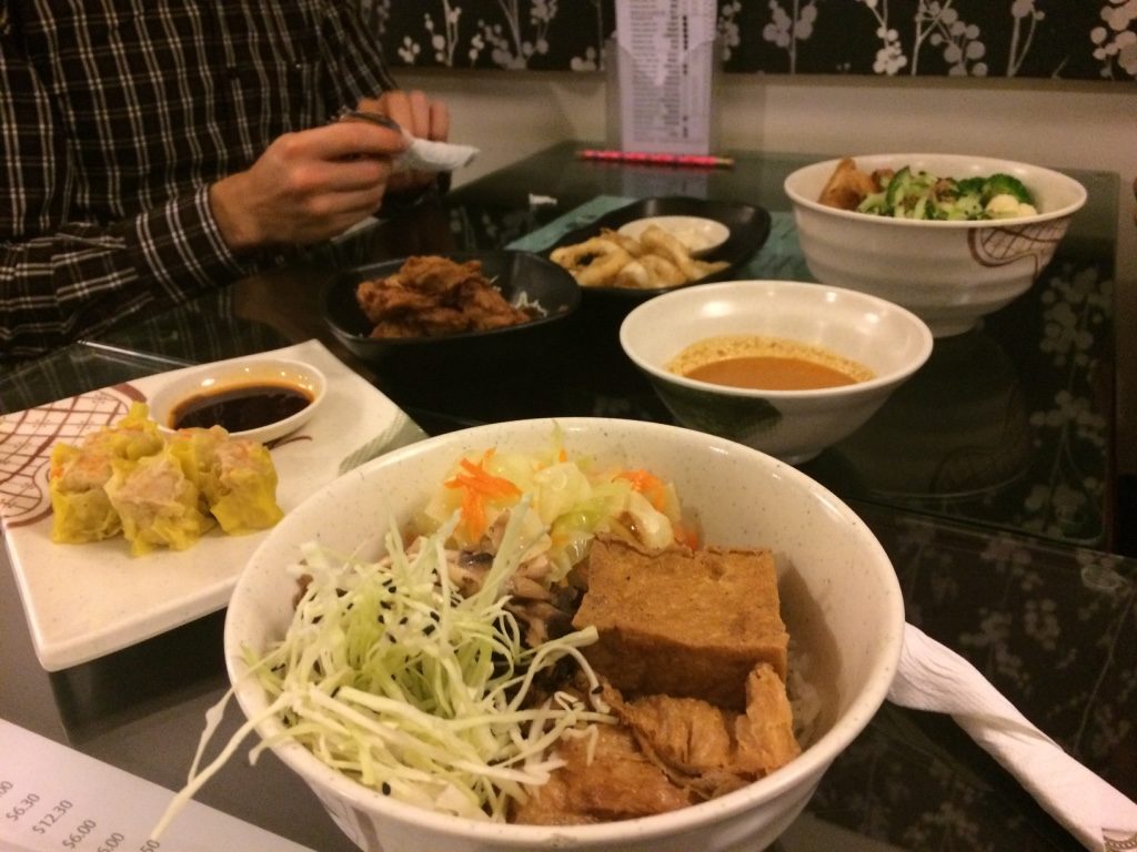 My mushroom rice bowl with tofu, dim sum, fried "chicken" and fried "squid"