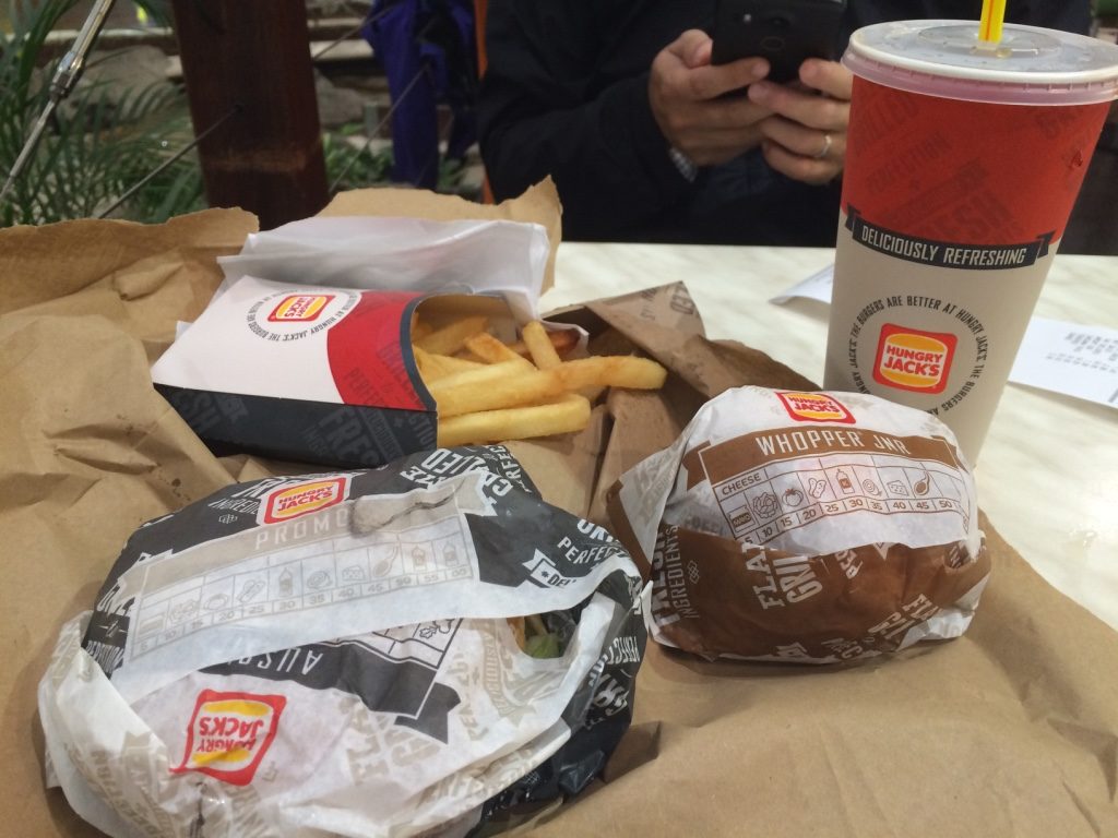 Hungry Jack's late lunch. A large Whooper combo with a JR Whooper ($14.05 AUD = $13.30 CAD)