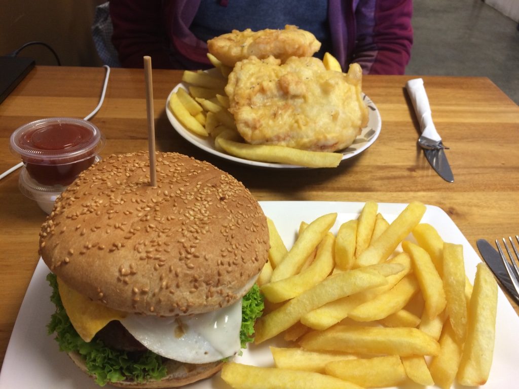 Tim had fish and chips ($8.50 NZD = $7.40 CAD) and I had Aaron's Beef Burger ($9.50 NZD = $8.30 CAD)