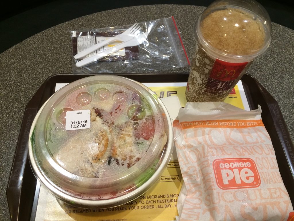 First time ordering salad at McDonald's, a grilled chicken at that ($10.50 NZD = $9.18 CAD) and butter chicken pie ($4.50 NZD = $3.90 CAD)