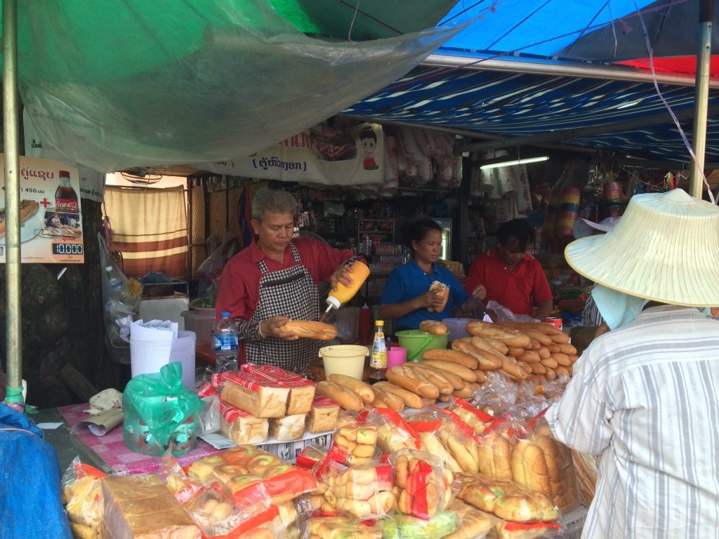 On the walk to COPE, we passed by this sandwich stand that charged 10,000 LAK for a full baguette and a drink! So cheap.. but also not as sanitary looking at our stand.