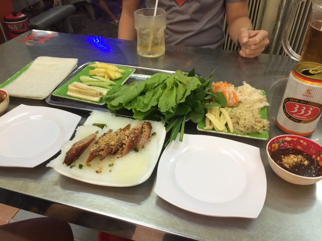 Nem Nuong: pineapple, cucumber, banana, lettuce, mint, BBQ pork sausage, rice noodle patties, pickled vegetables: daikon, carrots, lotus, corn, lemongrass