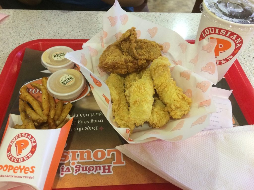 Our lunch, chicken tenders (with a free piece of chicken) combo - 102,000 VND = $6 CAD.