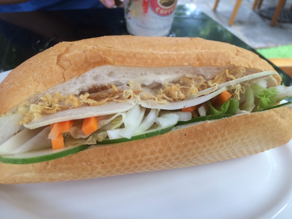 Kait's lunch for today. Highland's banh mi. It was okay, nothing special. It was cheap for a clean coffee shop (19,000 VND = $1.10 CAD)