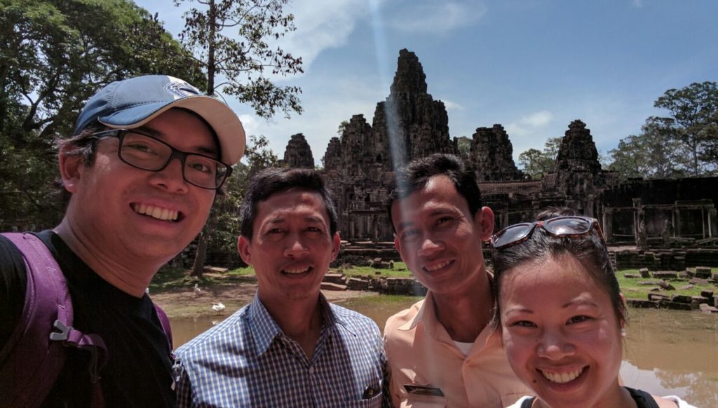 Our selfie with Mr. Hua and Dara outside of Bayon