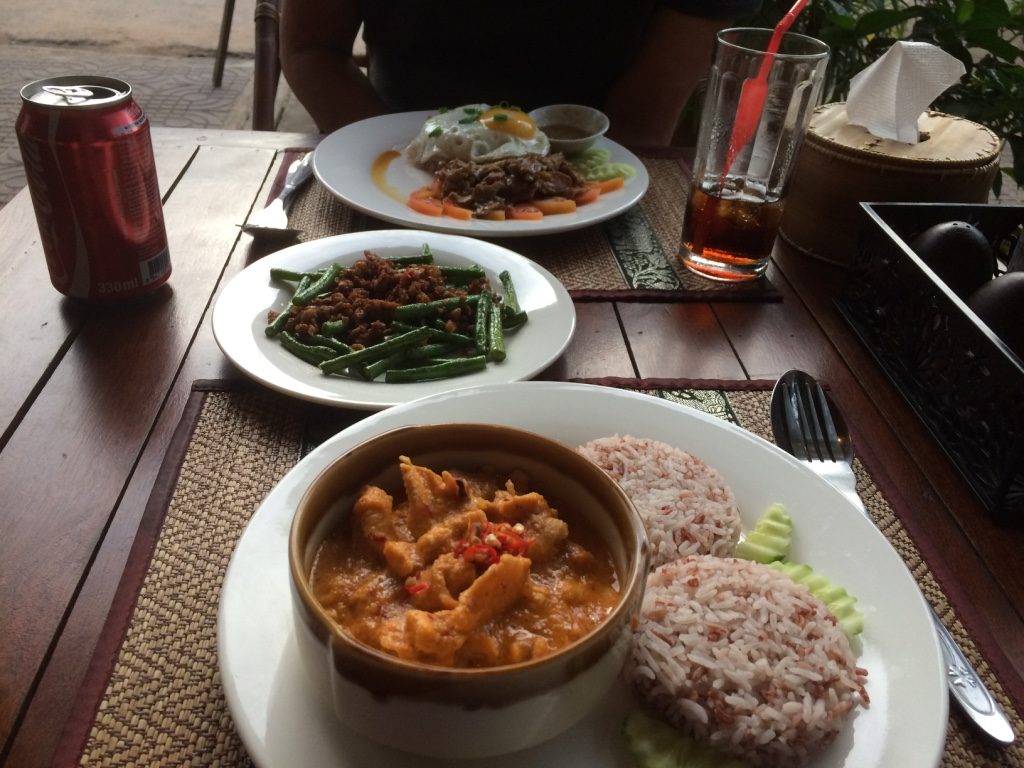 Our dinner, a mango smoothie, coke, and mango sticky rice = $14 USD