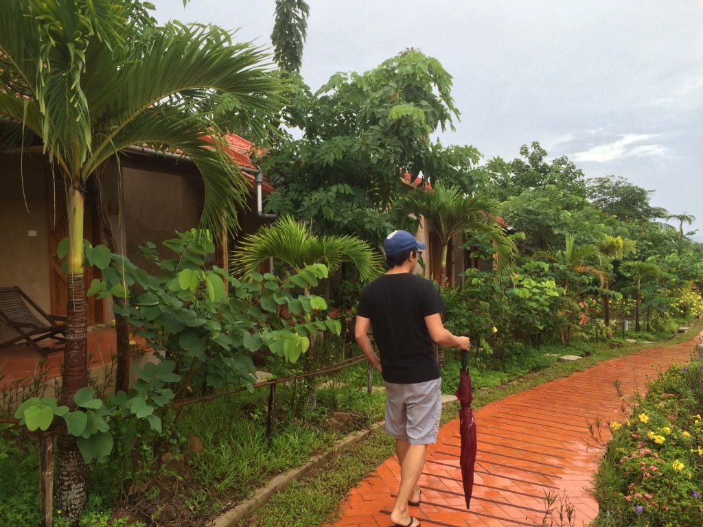 Walking back to the room after breakfast. It just stopped raining.